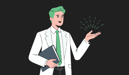 Scientist or doctor in lab coat explaining: ideal for medical, research, education, and innovation concepts.

