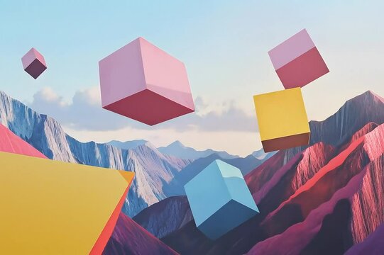 Geometric forms adrift over a pastel mountainscape