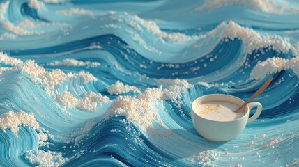 Surreal depiction of liquid in a cup amidst stylized ocean waves artwork