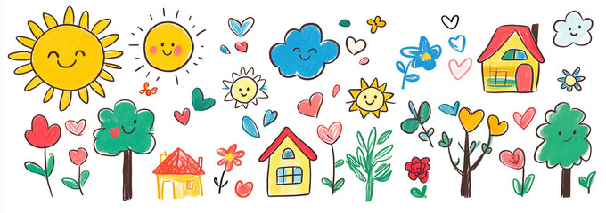 Hand drawing colorful children drawing with childish style, for nursing room wallpaper, poster, background and more