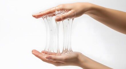 Viscous beauty product showcases stretching capabilities on woman's hands, Close-up shot of clear sticky substance demonstrating elasticity with hand manipulation