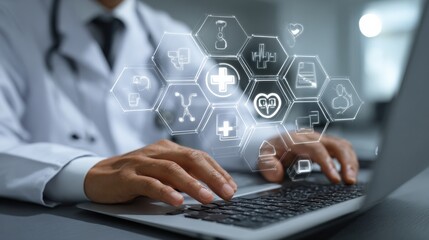 Doctor using laptop with floating medical icons, symbolizing telemedicine and digital health insurance.