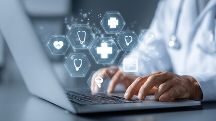 Doctor using laptop with floating medical icons, symbolizing telemedicine and digital health insurance.