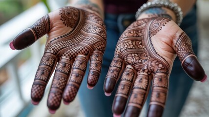 Intricate henna designs adorning hands with traditional patterns