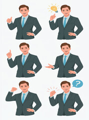 Businessman character with diverse poses and expressions: ideal for business concepts, emotions, and communication.


