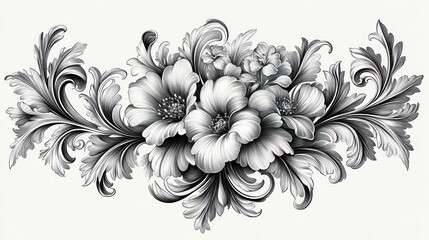 intricate black and white floral arrangement with large blooming flowers and swirling leaves, showcasing detailed shading and elegant flow