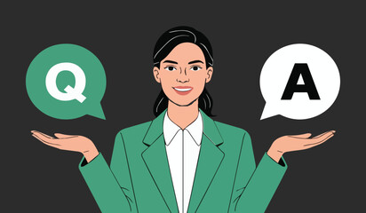 Businesswoman balancing Q&A speech bubbles: ideal for FAQs, customer support, and problem-solving.

