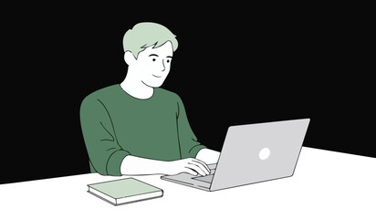 Man working on laptop at desk, focused on online tasks, studying, or remote work.

