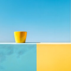 Stylish and vibrant minimalist image of a glossy yellow cup placed on a color-blocked surface in blue and yellow tones, under a clear blue sky. This clean, modern composition with strong contrast.