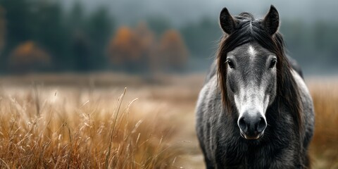 Fototapeta premium Gray horse in a tranquil meadow during autumn with golden grass and blurred forest backdrop