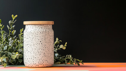 Speckled white ceramic jar with wooden lid sits beside greenery on a colorful surface against a dark background