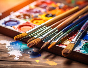 Obraz premium Paintbrush in Color Tray – Realistic Artistic Tool with Vibrant Paint