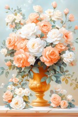 Obraz premium A beautifully arranged bouquet of soft peach and white roses in an elegant golden vase, set against a light blue background, Ideal for floral design projects, home decor, or greeting cards,