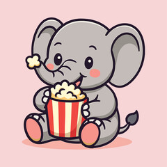 Adorable Baby Elephant Eating Popcorn Vector – Birthday Cartoon Animal for Kids | Celebration Animal Clipart