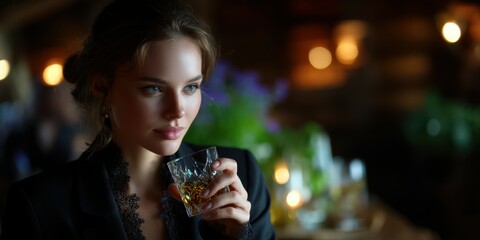 Young woman enjoying a drink in a cozy, elegantly lit bar during a relaxed evening gathering with friends