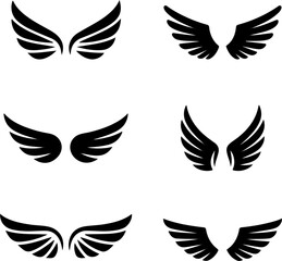 Obraz premium Six pairs of black stylized angel or bird wings illustrations arranged on a white background vector