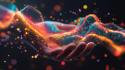 Digital marketing data graph shines in businessman hand over dark background technology view