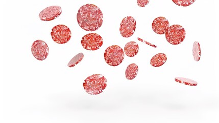Fototapeta premium Slices of delicious, cured salami floating in isolation on a pristine white background, offering a tantalizing view of this classic Italian deli meat. Ideal for food industry visuals, it can be used i