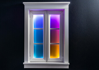 Obraz premium White Window on a Black Textured Wall with Colorful Lighting