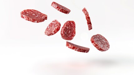 Fototapeta premium Slices of delicious, cured salami floating in isolation on a pristine white background, offering a tantalizing view of this classic Italian deli meat. Ideal for food industry visuals, it can be used i