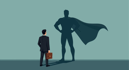 Businessman Facing Superhero Shadow, Motivational Concept Art © Basecamp