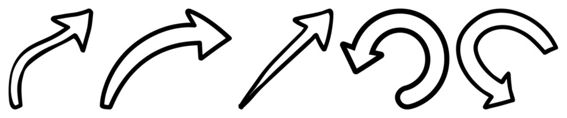 Fototapeta premium PNG Set of five hand-drawn arrows in various curved shapes element set on transparent background.