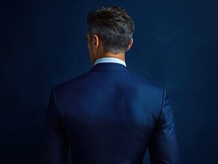 Back view of a man wearing a dark blue suit jacket against a dark blue background, showing neatly styled hair and a formal posture