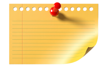 Yellow lined paper with punched holes and red thumbtack isolated on transparent background