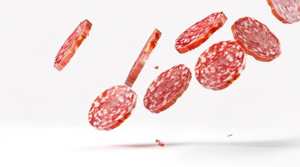 Slices of delicious, cured salami floating in isolation on a pristine white background, offering a tantalizing view of this classic Italian deli meat. Ideal for food industry visuals, it can be used i