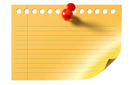 Yellow lined paper with punched holes and red thumbtack isolated on transparent background - Powered by Adobe