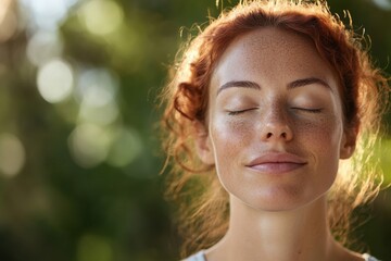 Beautiful redhead woman relaxing with closed eyes in nature
