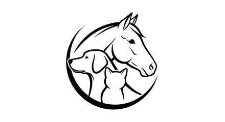 Black and White Animal Heads: Horse, Dog, and Cat in Circle Logo
