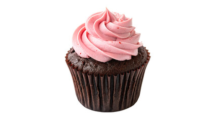 chocolate cupcake with pink frosting swirl isolated on transparent background
