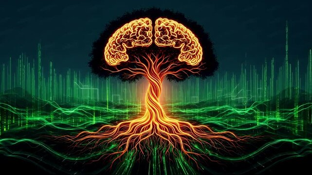 Luminous tree with a brain-shaped canopy and glowing roots grows amidst digital energy fields, symbolizing intelligence, knowledge growth, neural networks or the power of the mind