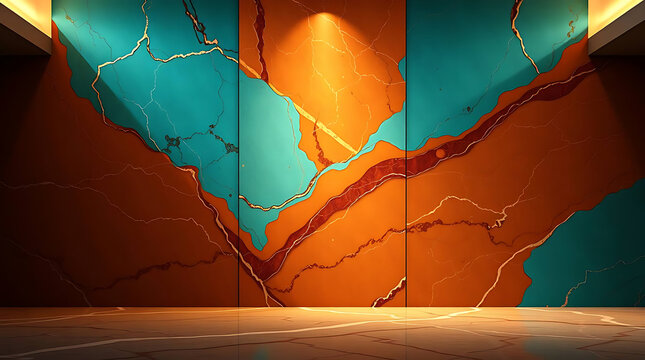Luxurious Abstract Wall Art with Turquoise and Orange Marble Texture and Golden Veins as Interior Design Element - Powered by Adobe