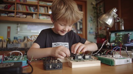Enthusiastic small kid assembling smart circuits while following a STEAM video.