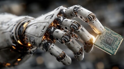 Advanced robotics: AI innovation with mechanical arm and microchip display