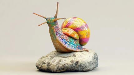 Hyperealistic unreal engine, adorable colorful little anthropomorphic snail dancing on a rock on white background