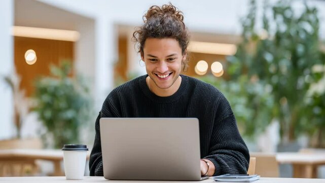 Happy male freelancer with curly hair working on a laptop in a bright coworking space. He is smiling and focused on his task.