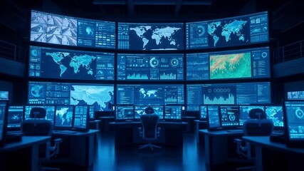 High-tech control room with numerous monitors displaying global data, maps and analytics, representing a command center for surveillance, cybersecurity or global network operations - Powered by Adobe