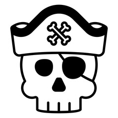 Pirate Skull with Hat and Eye Patch, Black and White Cartoon Style