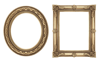 Ornate antique gold oval and square picture frames isolated on transparent background