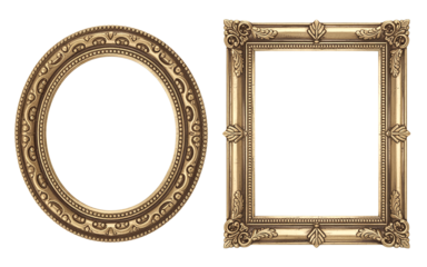 Ornate antique gold oval and square picture frames isolated on transparent background