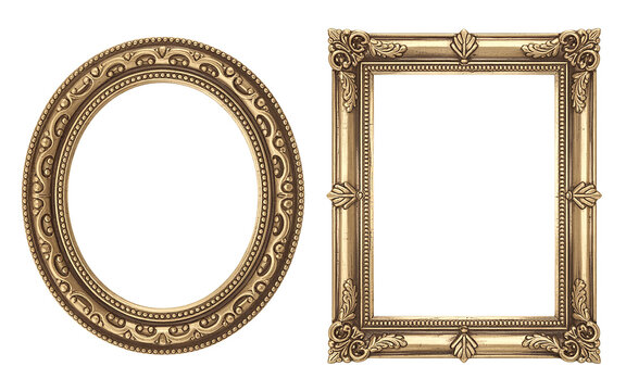 Ornate antique gold oval and square picture frames isolated on transparent background - Powered by Adobe