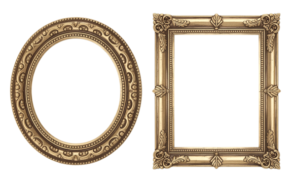 Ornate antique gold oval and square picture frames isolated on transparent background