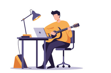 Man in Yellow Sweater Playing Acoustic Guitar at Desk with Laptop Illustration