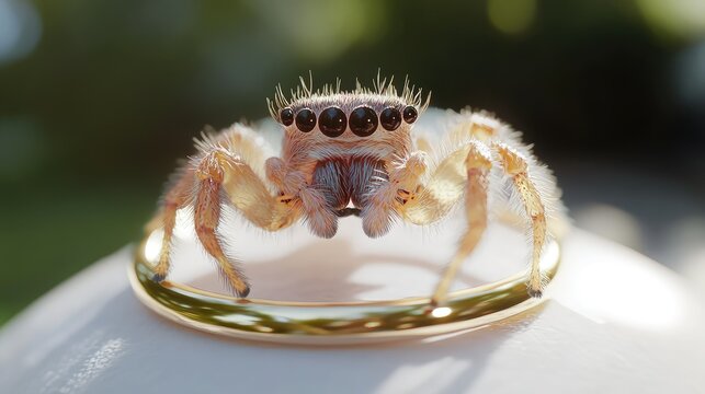 Hyperealistic unreal engine, adorable little anthropomorphic jumping spider in a garden, sitting on a ruby ring on white background 