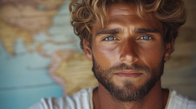 Handsome Man with World Map Background.