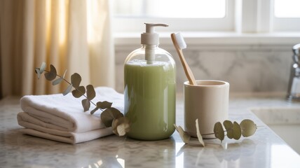 Eco-friendly bathroom essentials: soap dispenser, bamboo toothbrush, eucalyptus leaves