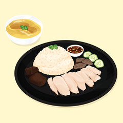 Hand-drawn vector illustration of Hainanese chicken rice with soup, dipping sauce, cucumber, chicken blood tofu, and chicken liver on black plate. Traditional Thai street food.